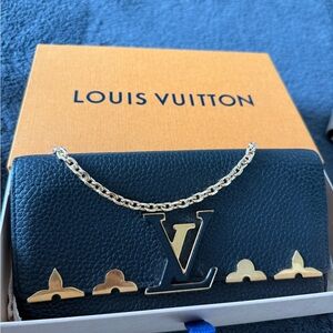 Louis Vuitton Capucines Flowers Black leather wallet on chain